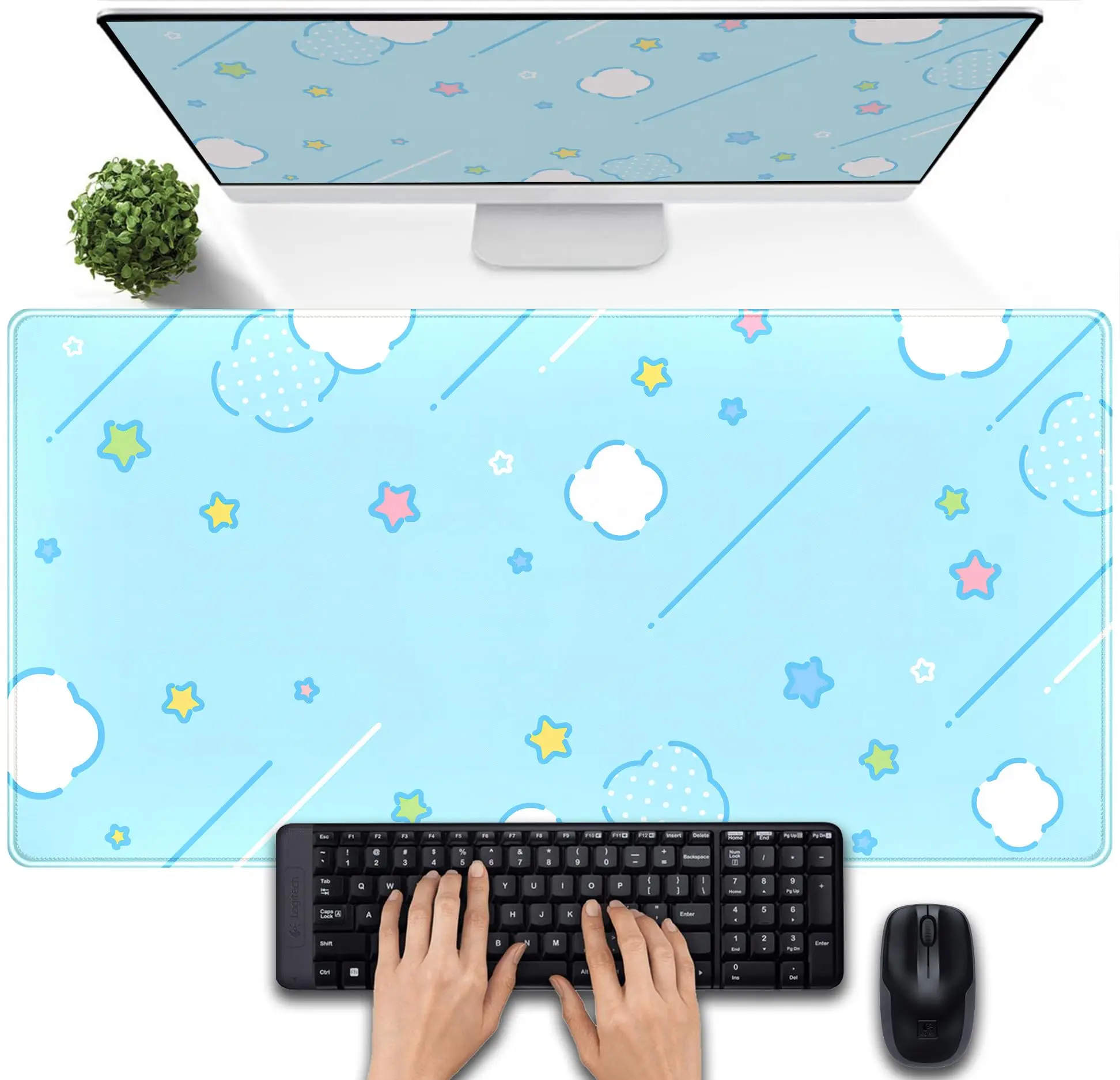 

Cute Pastel Blue Star Grid Desk Mat,large Gaming Mouse Pad and Keyboard Pad,XXL Woman's Desk Decoration,perfect Gift for Friends