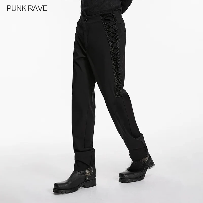 PUNK RAVE Men's Gothic Elastic Strapped Pants Slim Fit High Waistline Drawstrings Streamlined Silhouette Party Trousers