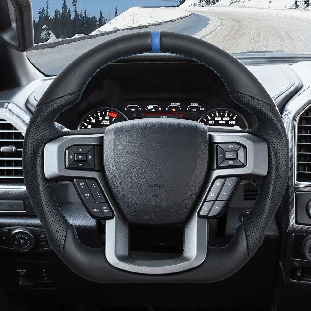 Heated Full Leather Sports Steering Wheel Blue Center Mark Fit for Ford F150 Raptor 2015-2020 Without Paddle Holes