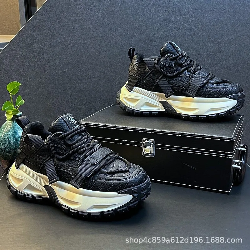 Men Chunky Sneakers Multi Strap Lace Up Thick Platform Sole Height Increasing Rugged Sole Streetwear Outdoor Casual Shoes Zapato