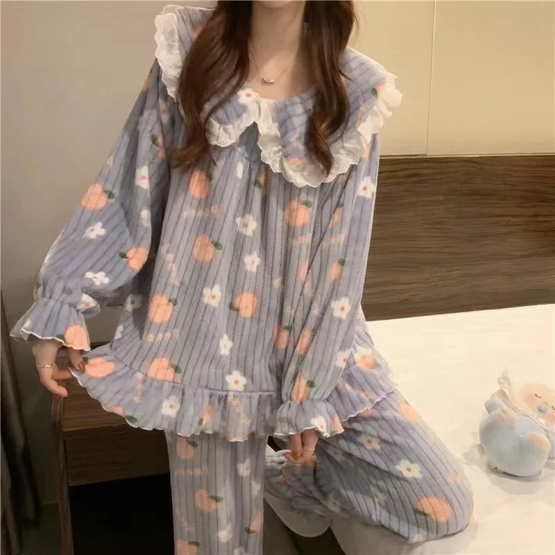 Autumn and Winter Women\'s Coral Velvet Pajamas Homewear Suit Girls Students Facecloth Thickened Warm Korean Homewear Suit