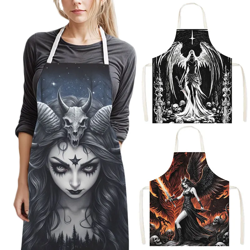 Gothic Black Angel Demon Print Kitchen Apron Punk Women Men Baking Home Cleaning Clothing Chef Waiter Cooking Pinafore Gift