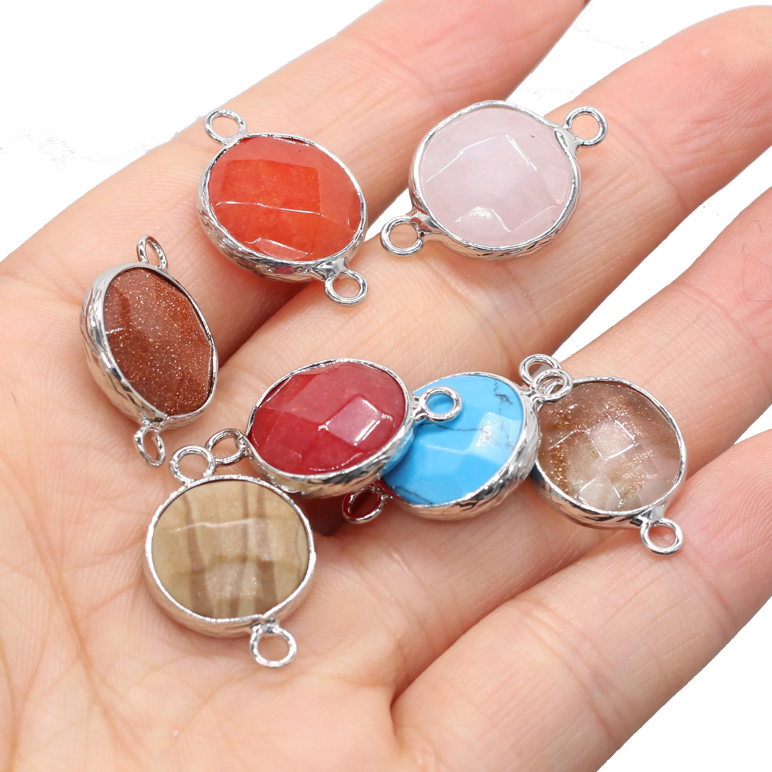 2pcs Natural Stone Agates Crystal Turquoises Flash Labradorite Connectors Pendants Double Hole Jewelry Making Necklace 15x24mm