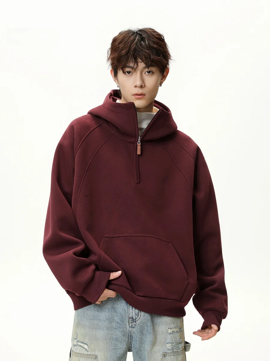 

Men's Hoodie Sweatirt Air Layer Wine Red f Zipper Autumnal Vintage American Spor Hardwearing Casual Top Cotton Blend