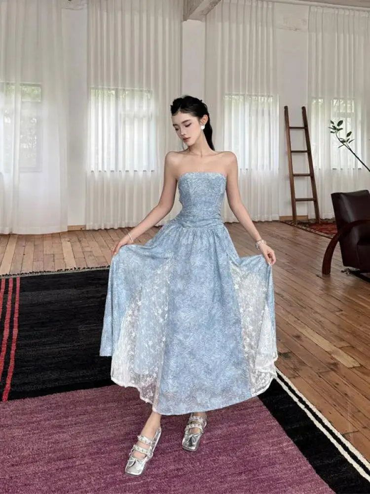 

French Retro Women Blue Patchwork Lace Sexy Sleeveless Strapless Long Dress Summer Backless Vacation Evening Party Dresses Trend