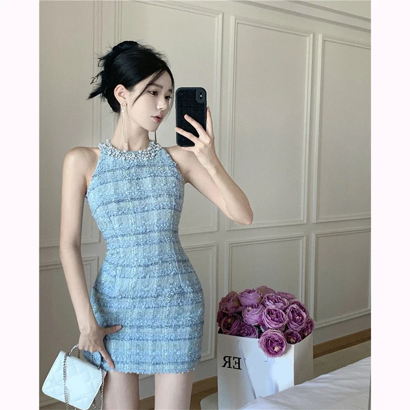 KUSAHIKI Fashion Beads Tweed Sexy Slim Halter Sleeveless Bodycorn Dress Korean Elegant Slim Waist Mini Dresses 2023 New Vestidos