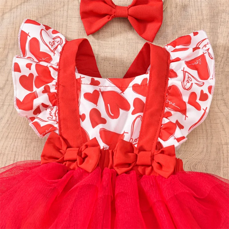 Baby Girl Valentine’s Day Outfits Ruffle Sleeveless Heart Print Romper Dress with Headband Set Spring Clothes