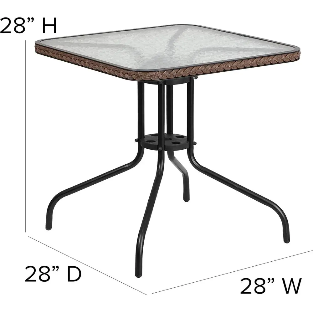 Lila 3-Piece 28 Square Outdoor Patio Table Set with Glass Metal Bistro Table and Stackable Rattan Chairs in Brown