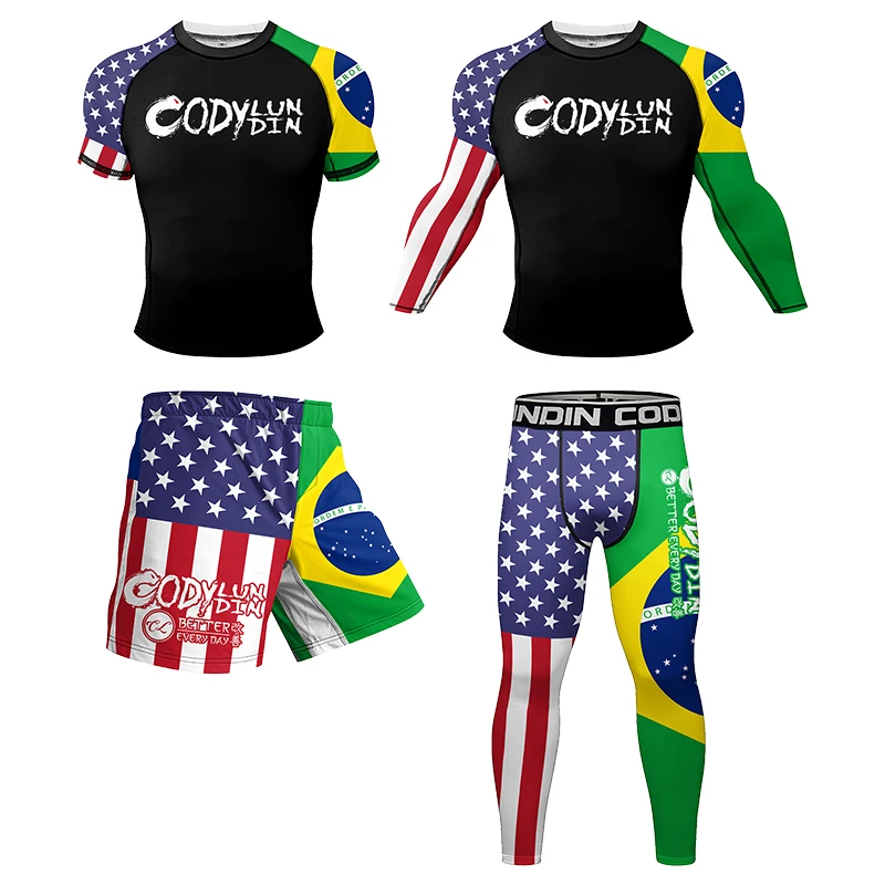 Cody Men Rashguard MMA Jiu JitsuT-shirts+Pants 4 Pcs/Set Boxing Jerseys Bjj KickBoxing Muay Thai Shorts Fitness Clothe Fightwear