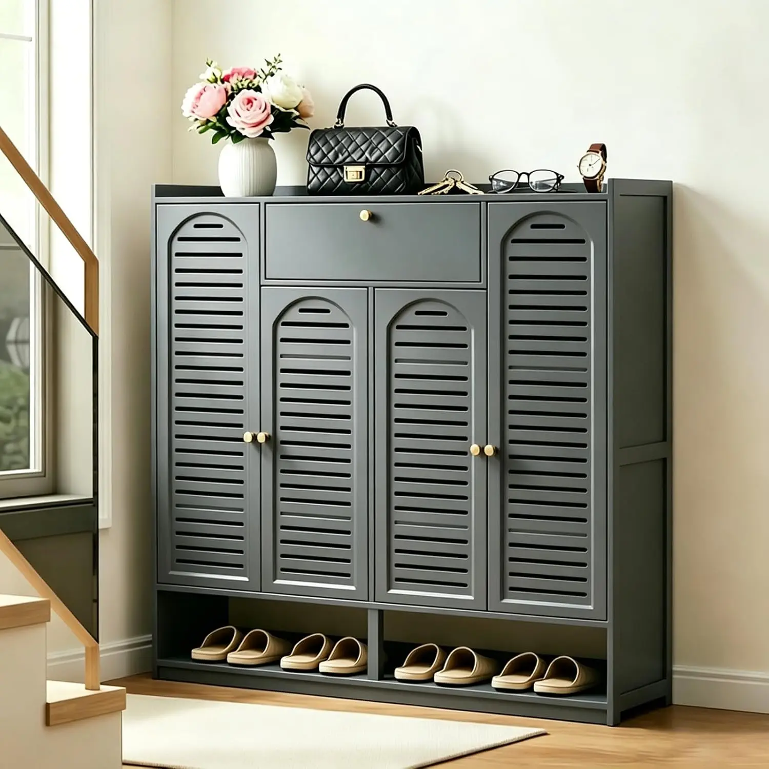 Bamboo Shoe Cabinet 7-Tier Shutter Doors & Drawer 30+ Pairs Adjustable Shelves Entryway Hallway Living Room Bedroom, Customized