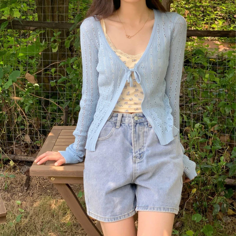 Hollow Out Cardigan Women V-neck Vintage Knitted Spring Streetwear Open-stitch French Style Daily Tender Casual Simple Clothes