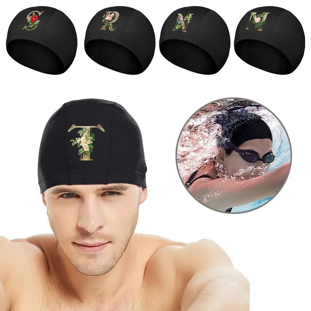 Swimming Cap Swim Hat UNISEX Bathing Caps Golden Flower Initials Pattern Ear Protection Pool Caps Diving Equipment Elastic Caps