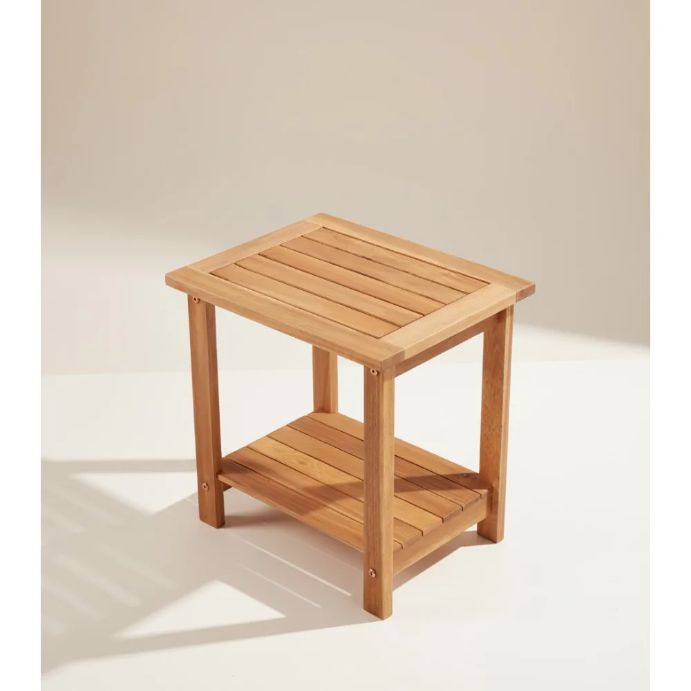

Weather-Resistant Double Tier Side Table, Acacia Wood Outdoor Indoor End Table for Patio Garden Living Room