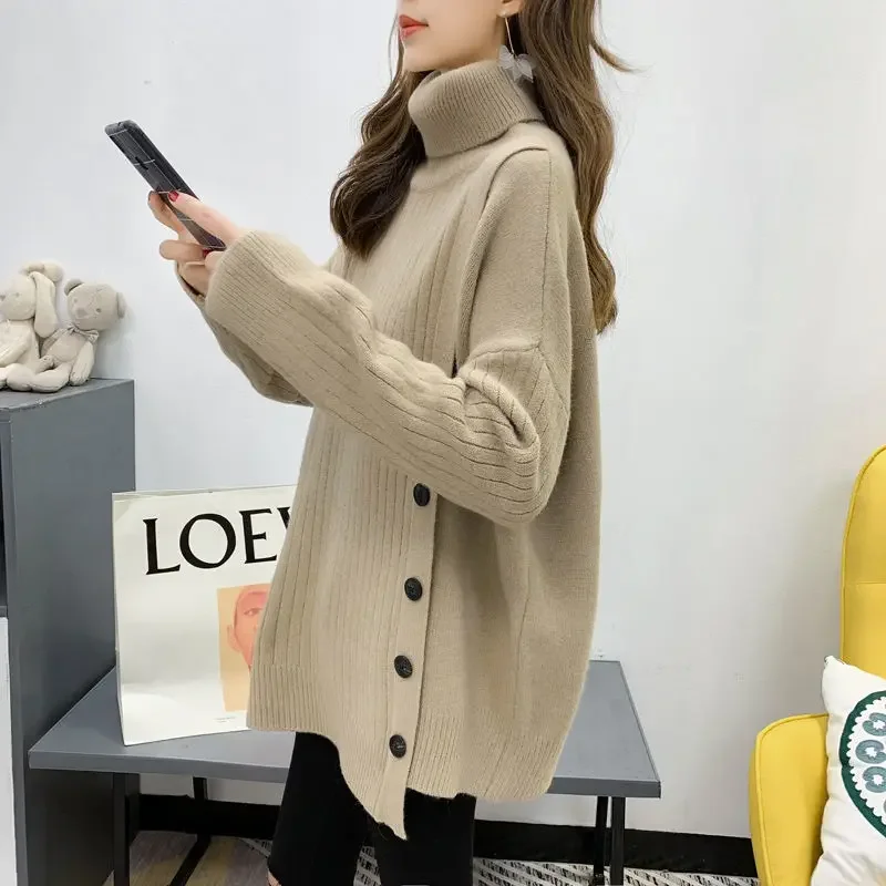 Autumn Winter Women Casual Streetwear Oversized Asymmetrical High Collar Knitted Sweaters Y2K Korean Long Sleeve Thick Pullovers