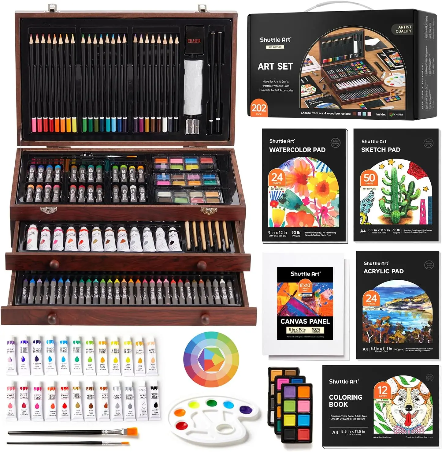 

202-Piece Deluxe Art Set, Wooden Art Supplies Kit with 4 Drawing Pads, Acrylic Paint, Crayons, Oil Pastels, Colored Pencils for Kids