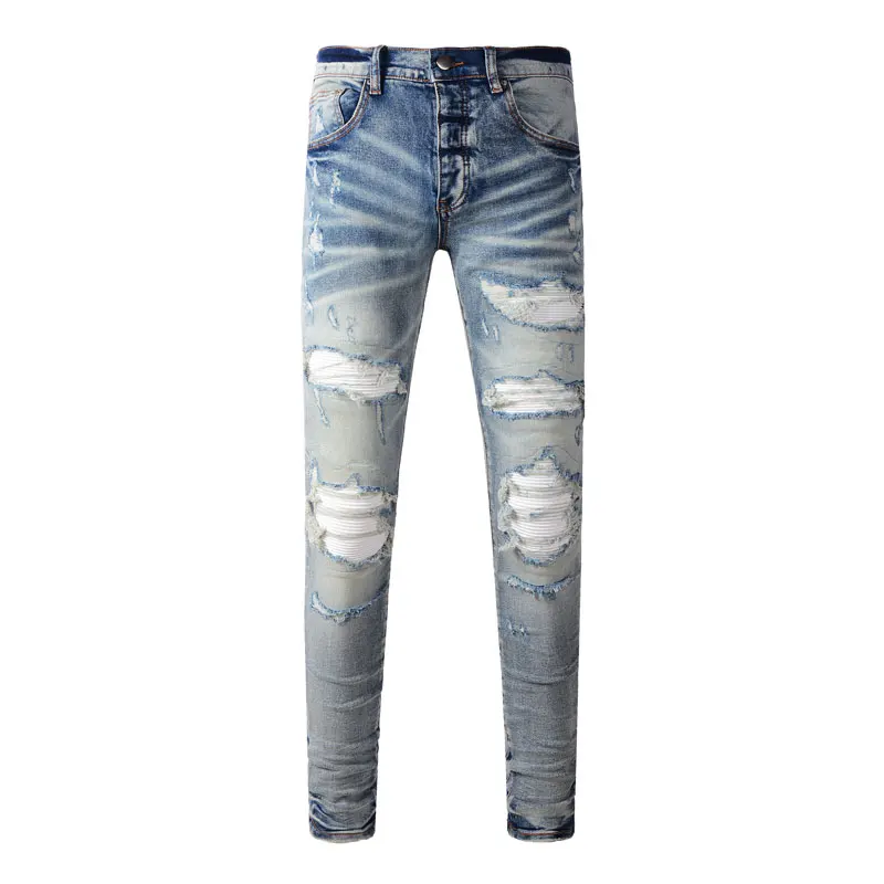 

Street Fashion Hip Hop Men Jeans Retro Light Blue Stretch Skinny Fit White Patched Ripped Jeans Men Brand Designer Denim Pants