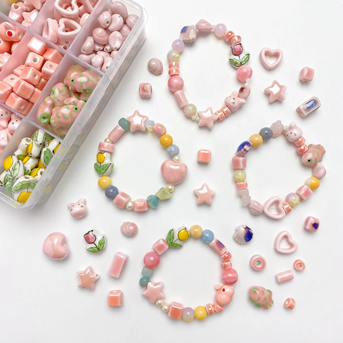 Powder Cherry Blossom Ceramic Tulip Square Loose Spacer Beads DIY Hand Braided Cord Bracelet Necklace Jewelry Findings