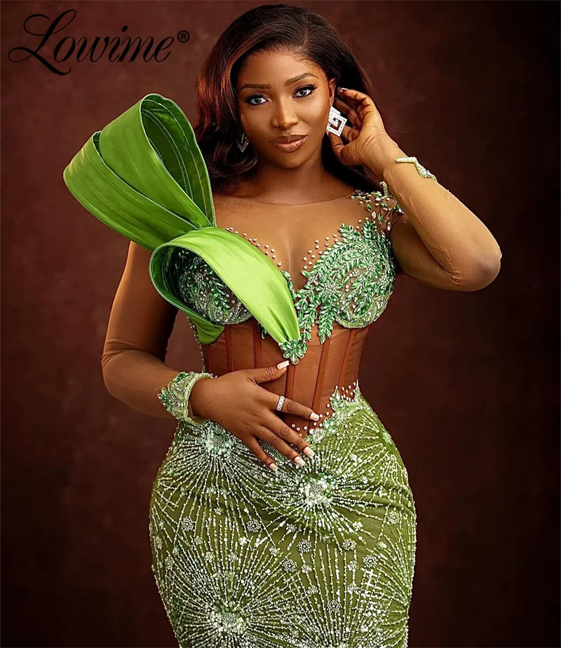 Elegant Green African Mermaid Prom Dress For Black Women 2024 Customize Aso Ebi Long Sleeves Evening Gowns Plus Size Party Dress