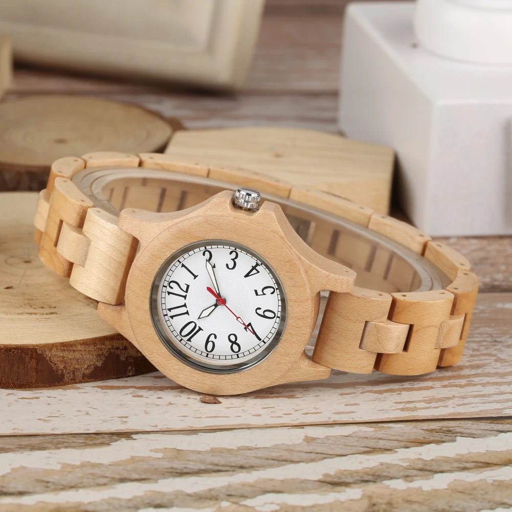 Natural Maple Wood Quartz Ladies Watch Bracelet Clasp Buckle Full Wooden Wristband Arabic Numerals Round Dial Women Watches