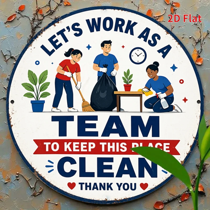 2D Flat - - [2Dflat], 1pc 7.87X7.87inch- Let'S Work As A Team to Keep This Place Clean Round Sign, Office Cleaning Wall Decor, M