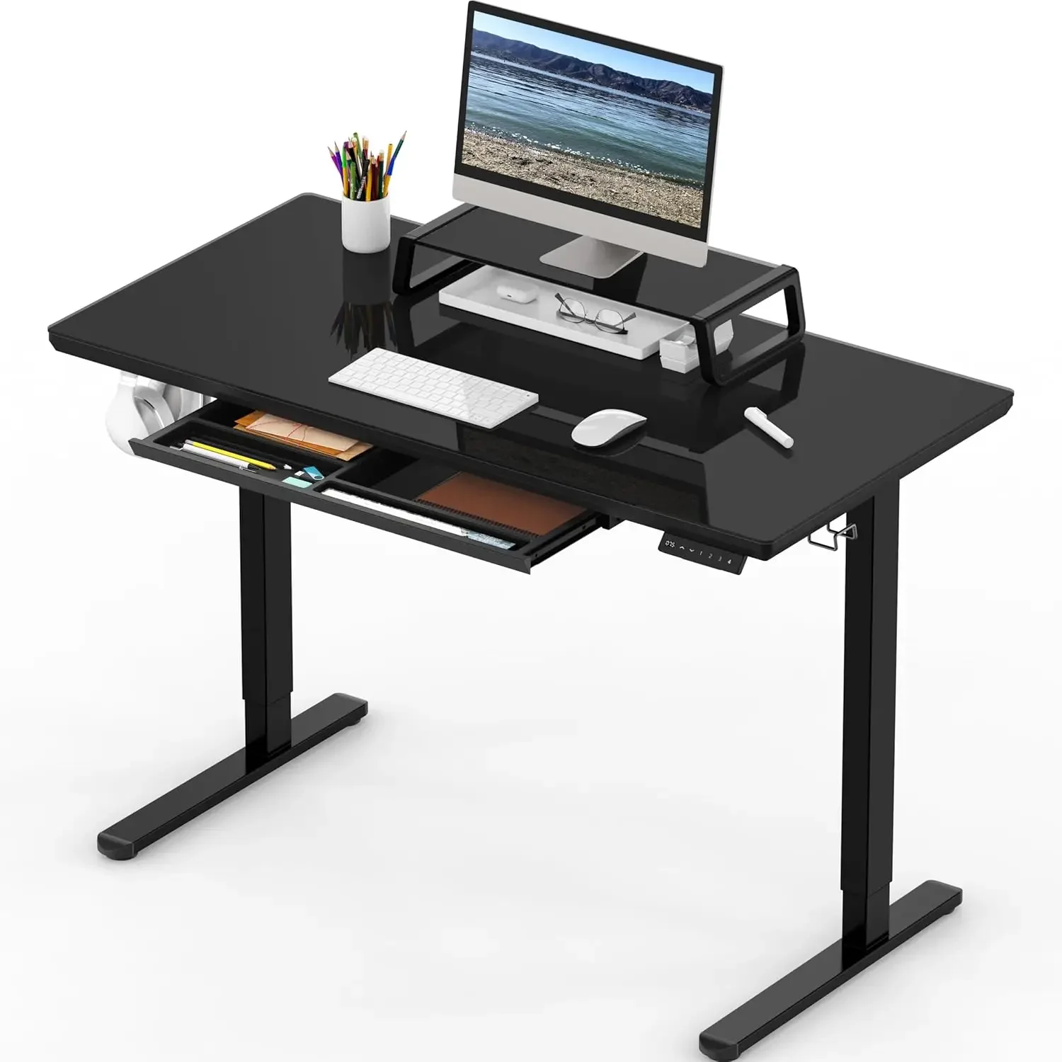 48-Inch Whole-Piece Glass Electric Height Adjustable Desk | Monitor Riser and Drawer Included