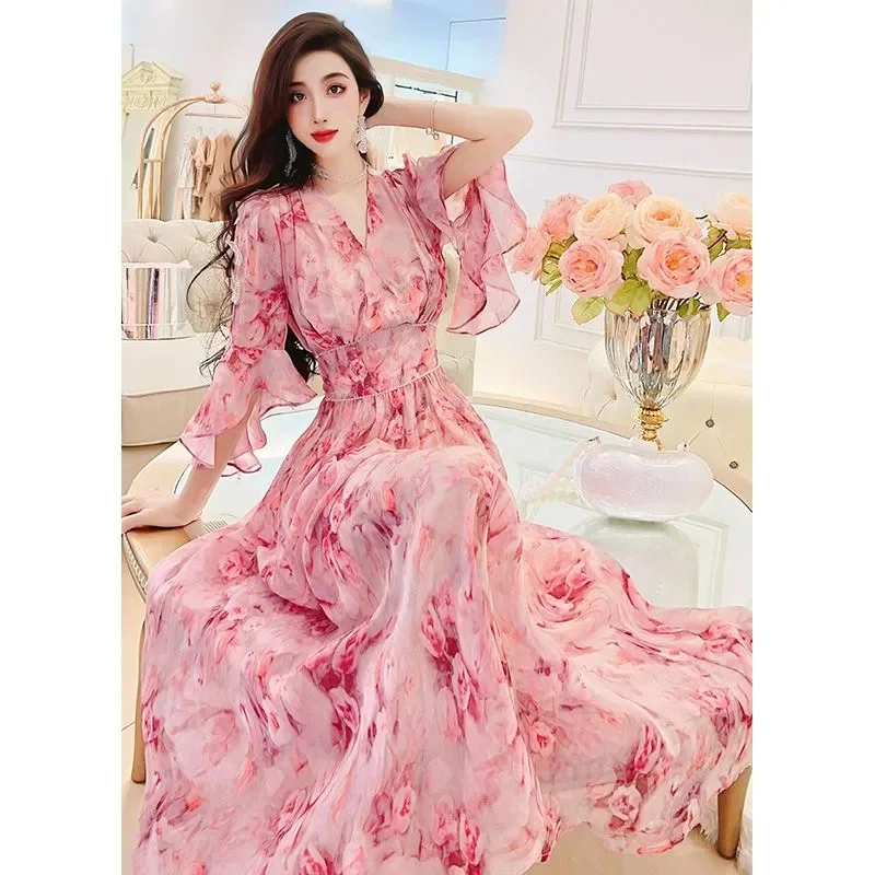 Pink Street Dress Female 2025 Summer French Doll Collar Design Sense Niche Chiffon First Love Platycodon Grandiflorum Dress