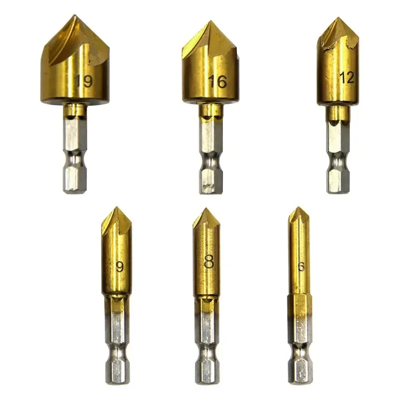 6PC High Carbon Steel Hex Handle Titanium Plated 5 Edge Chamfering Knife Countersunk Drill 6-19mm Woodworking Tool Set