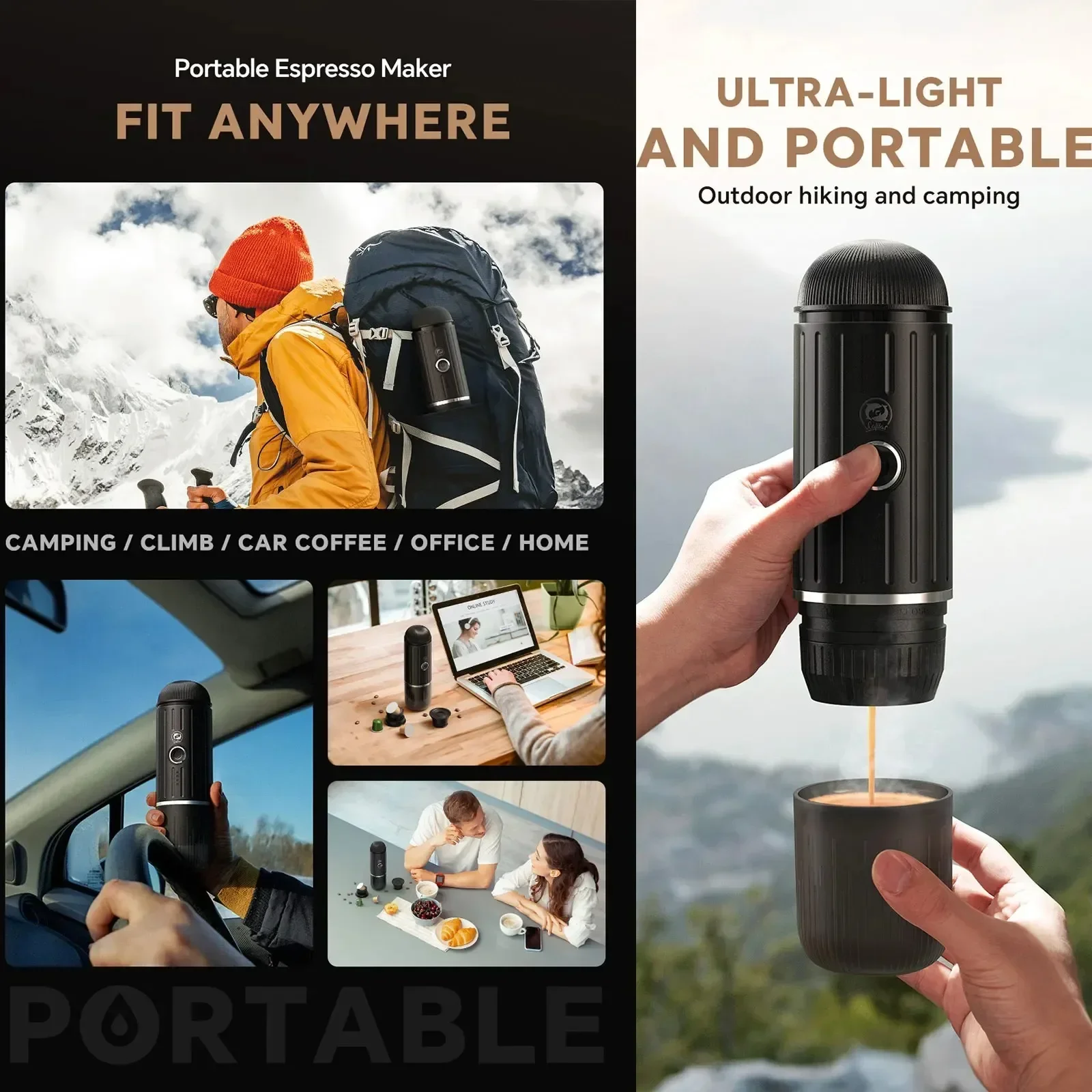 Mini machine à café portable Fonction de chauffage Voiture Expresso Maker TYPE-C Port de charge Fit a.net Capsule de café et poudre 7500Mah