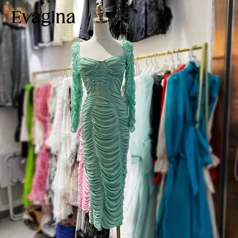 

Evagina New Fashion Runway Designer Women's Square Neck Sexy Slim Fitting Wrap Buttocks Pleated Edge Dress