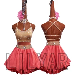 New professional Latin dance competition performance dress with sea blue tassel short open waist sparkling diamond dance skirt