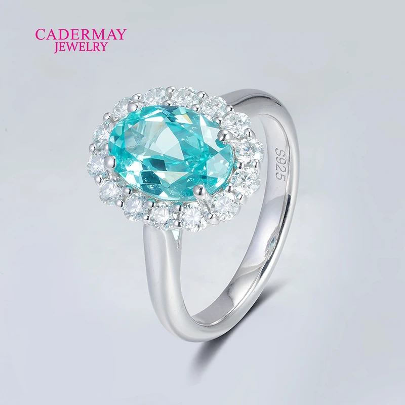 Classic Flower 7x10mm Oval Shape Blue YAG Lab Paraiba Rings 925 Silver Engagement Halo Moissanite Rings Women Gift Party view 4