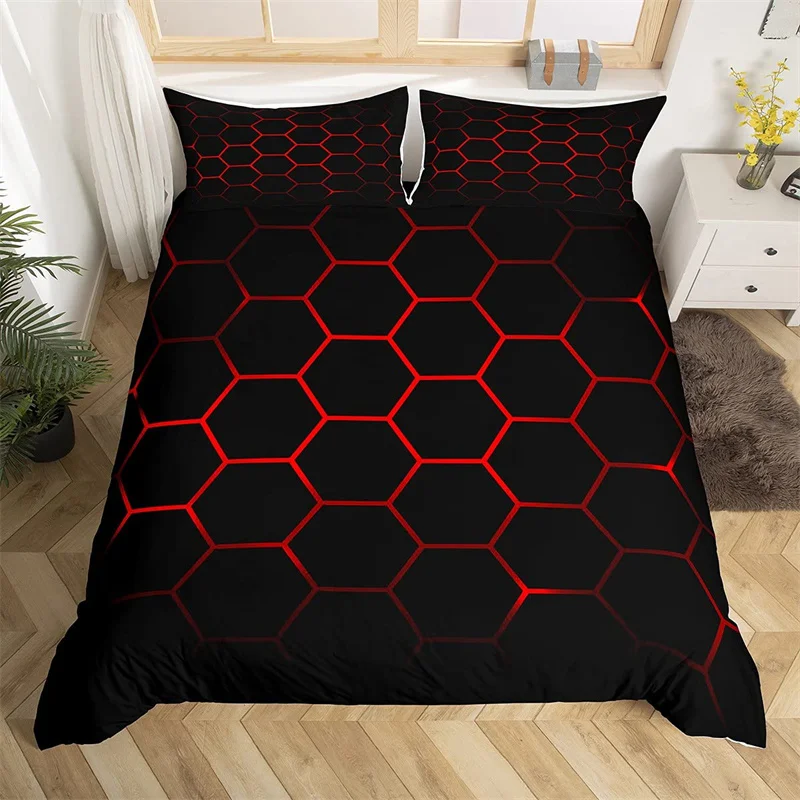 Boys Cartoon Honeycomb Duvet Cover Geometry Hexagon Bedding Set Twin King Polyester Colorful Grid Art Neon Decor Comforter Cover