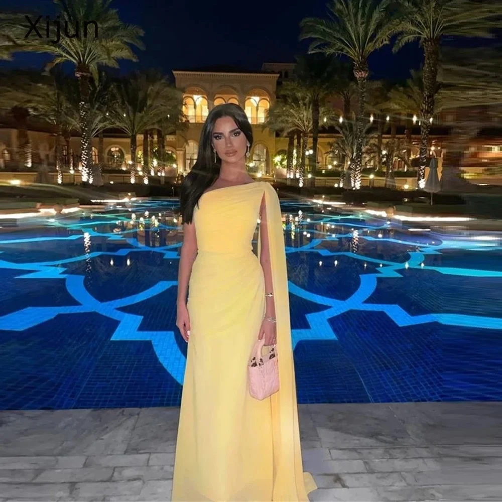 Yellow One-shoulder Long Bespoke Occasion Gown Evening Dresses Prom Pastrol Unisex Jersey Retro Dubai Saudi Arabic Customized