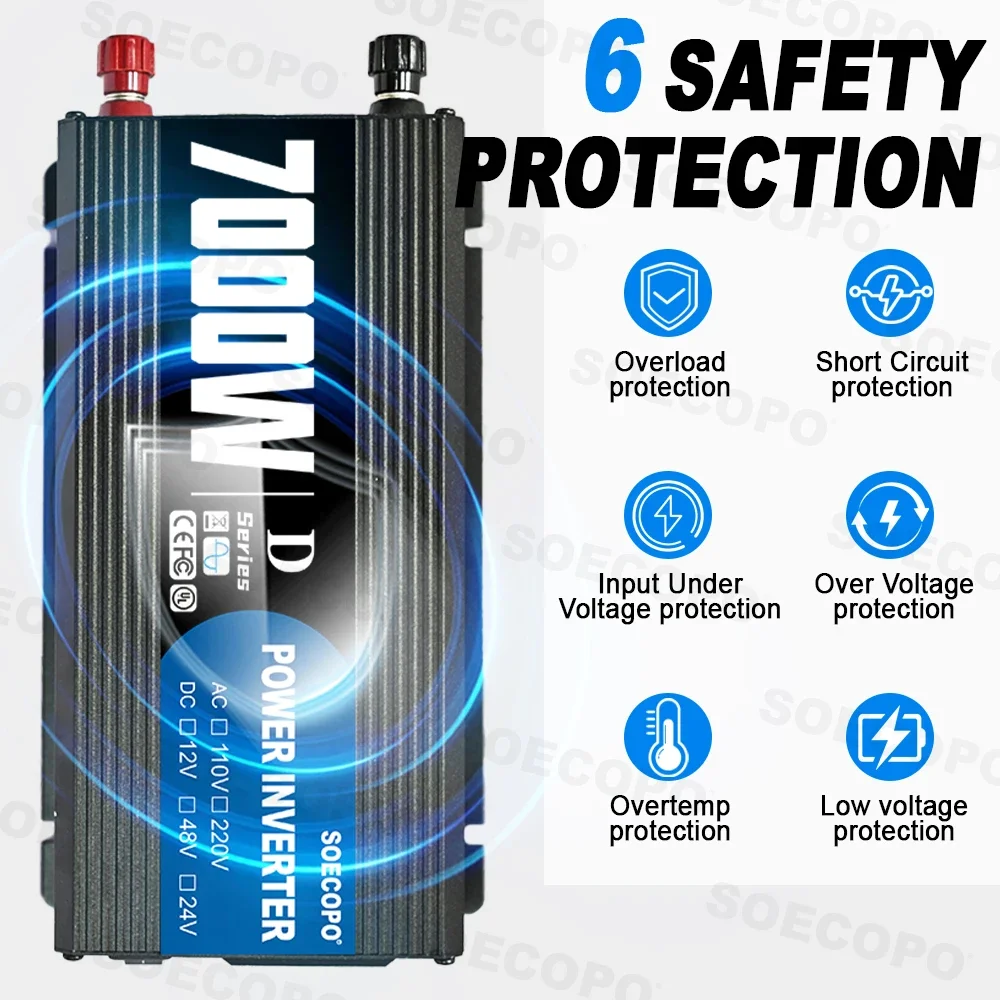 SOECOPO 7000W Power Inverter, 12V 24V 48V to 110V/220V Car Voltage Converter, Power Adapter for Car Accessories & Camping