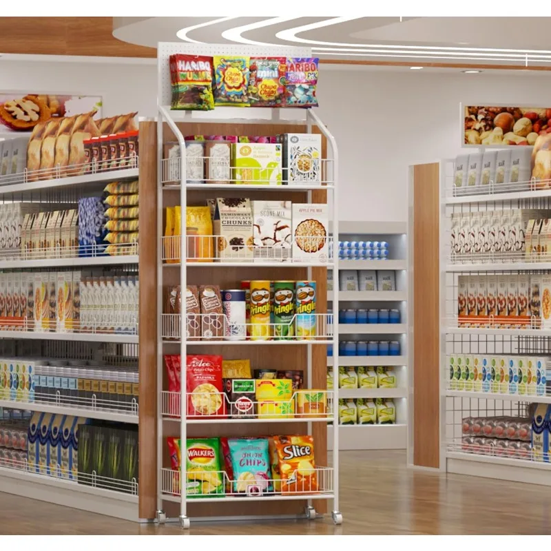 Retail Snack Display Stand, 5 Tier Snack Candy Potato Chip Display Rack Stand with Wheels & Hooks, Metal Wire Storage Sh