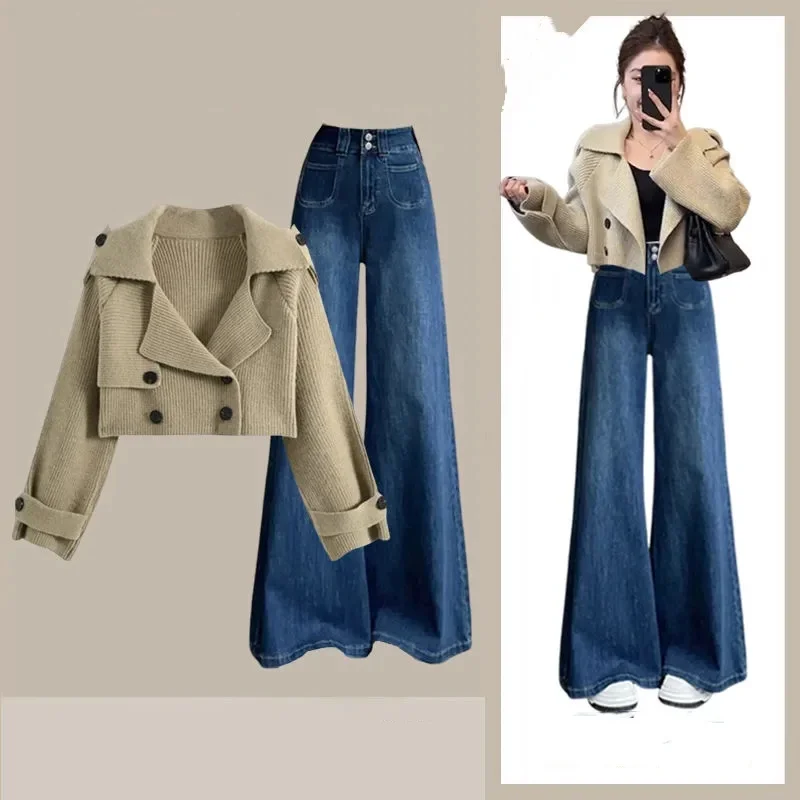 

Женские весенне-осенние корейские тонкие шорты, пальто, джинсовые брюки, комплект из двух предметов, женская вязаная куртка с двойными пуговицами, джинсовая одежда