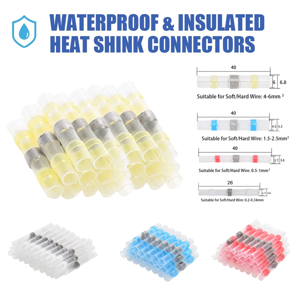 100PCS Heat Shrinkable Wire Connectors SST21 Waterproof Sleeve AWG22-18 Butt Electrical Splice Tinned Solder Seal Terminal