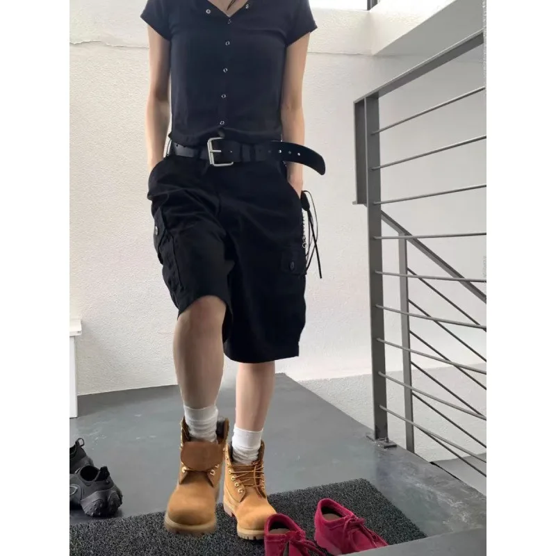 New American Street Retro Pocket Overalls Loose and Versatile High-waisted Casual Pants Wide-leg Five-point Pants