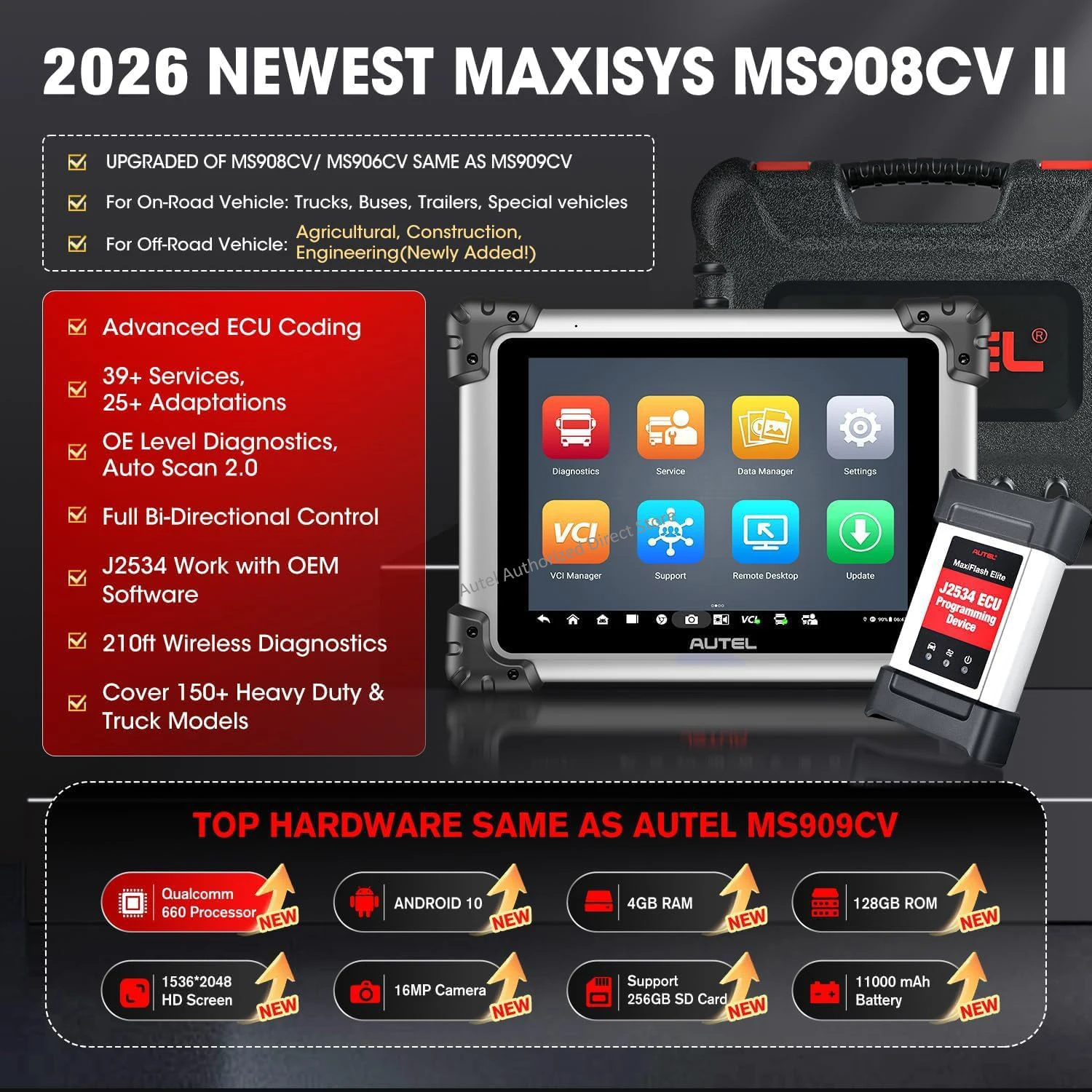 Autel MaxiSys MS908CV II Diagnostic Tool Heavy Duty Truck Scanner Bidirectional Diesel Scan Tools, J2534 Programming ECU Coding