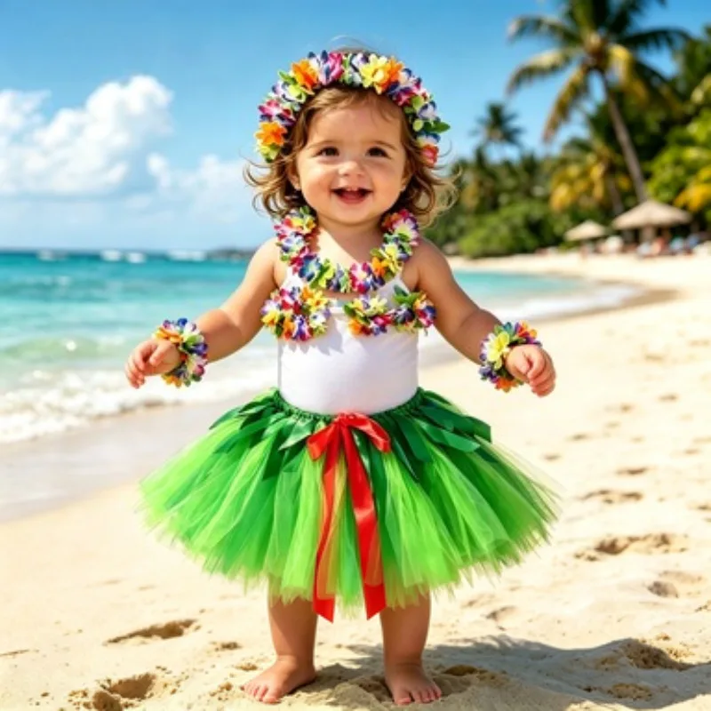 Girls Green Floral Hawaiian Tutu Skirt Outfit, Kids Hula Luau Party Dress Up Costume with Garland Ballet Princess Style