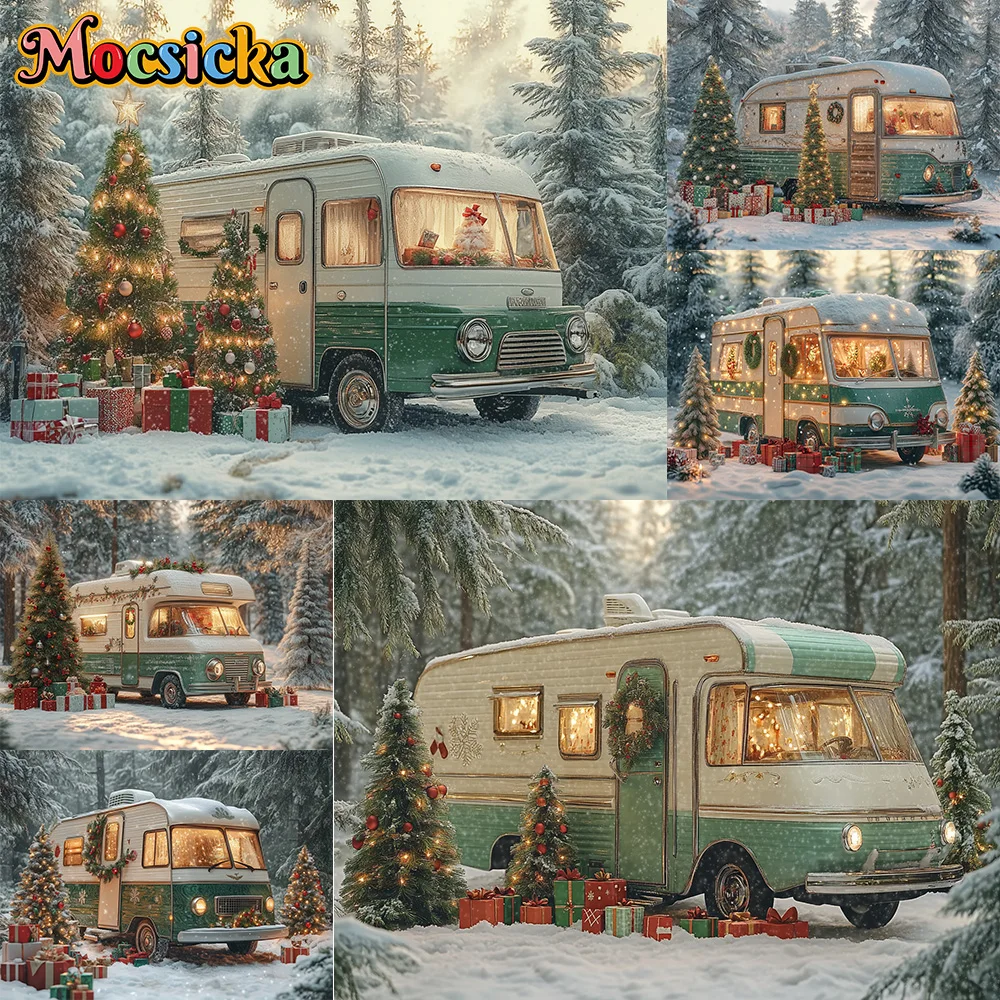 Mocsicka Fotografie Hintergrund Weihnachten Bus Kranz Schnee Dekoration Familie Weihnachten Urlaub Porträt Hintergründe Für Fotos