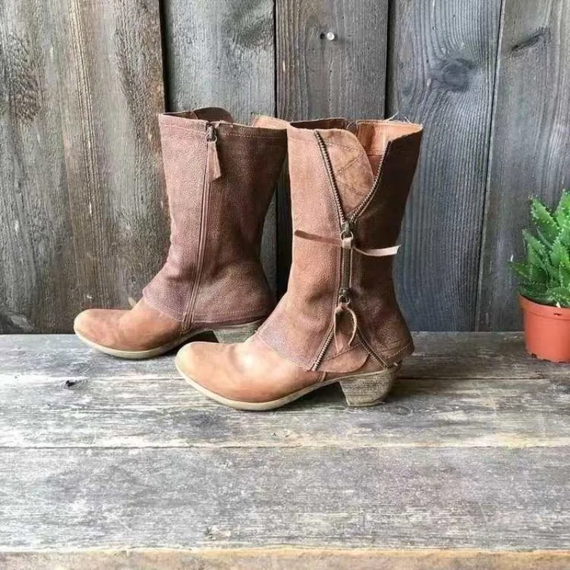 Autumn Winter 2025 Pleated Buckle Knight Boots for Women Mid Calf Boots Side Zipper Thick Heel Riding Women Boots Botas Mujer
