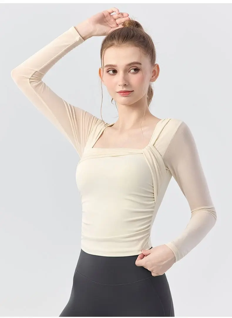 Entworfenes Mesh-Langarmshirt für Damen, Neues Ein-Körbchen-Sporttop zur Figurformung und Atmungsaktivität, Professionelle Trainingskleidung für Fitness und Yoga – Detail 6