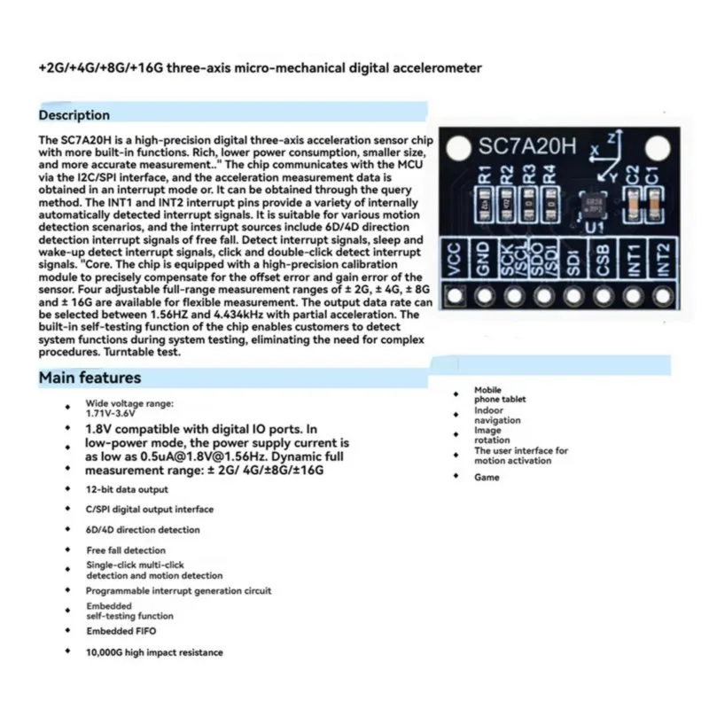 Super Sale SC7A20H 3 Axis Digital Accelerometer Sensor Module High-Precision SC7A20H 3-Axis Accelerometer Sensing Module