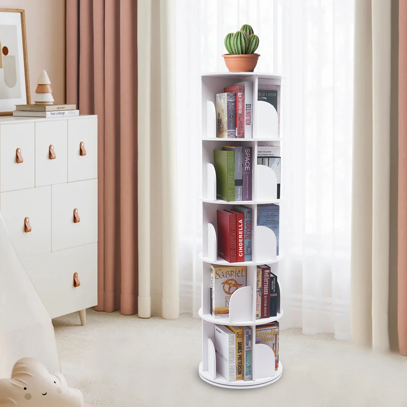 LOYALHEARTDY 5 Tier Rotating Bookshelf 360° Revolving Bookcase Rotating Stackable Shelves Floor Standing Storage Display Rack