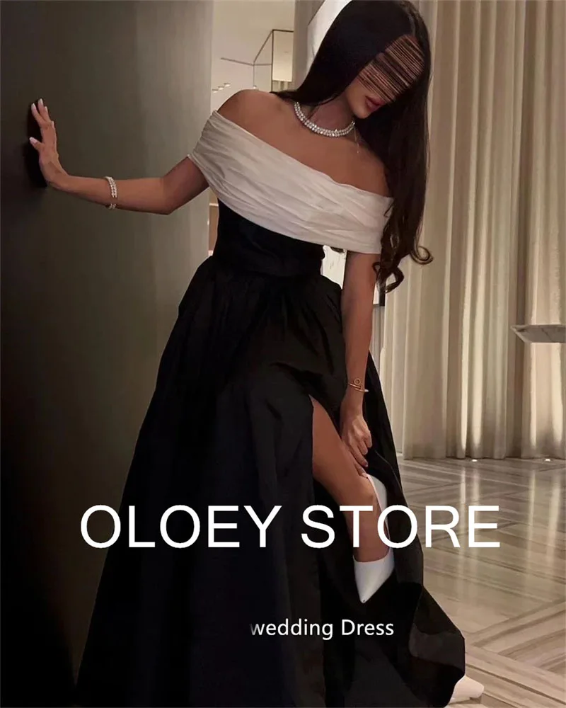 OLOEY Elegant สีขาวและสีดําชุดราตรีผู้หญิงดูไบอาระเบีย Taffeta แยกปิดไหล่ชุดราตรี Vestidos De Novia ที่กําหนดเอง