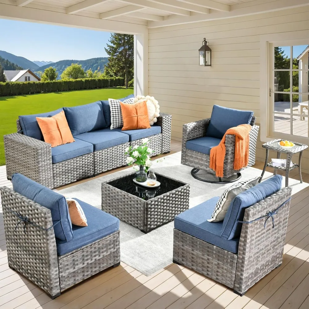 

8 Pieces Patio Furniture Set, Outdoor Modular Sectional Sofa with Swivel Chair, Modern Wicker Deep Seat Wide Rocking Armchair R