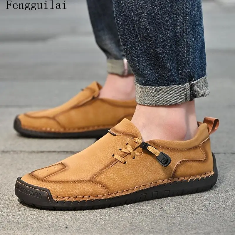 Men Hand Stitched Leather Casual Shoes Vintage Washed Soft Sole Slip On Lace Up Outdoor Walking Loafers