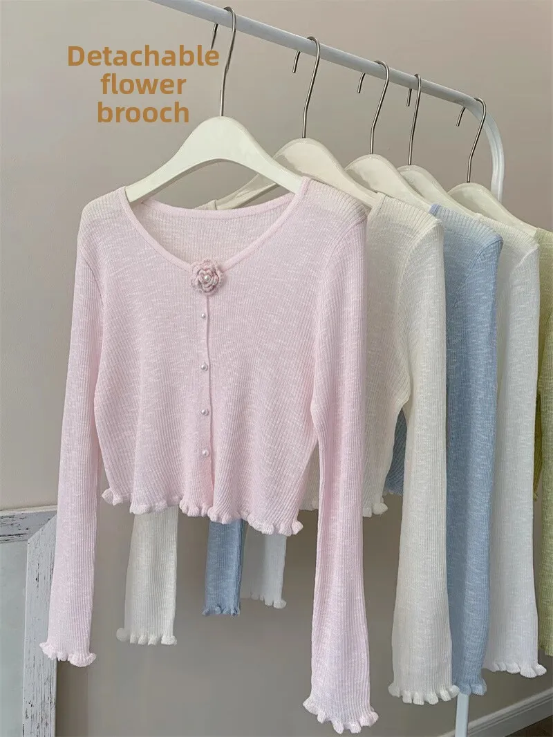 

Rose Ice Silk Knitted Cardigan Thin round Ne Outerwear oulder awl Coat Wooden Ear Sle Korean Version Commute Sle
