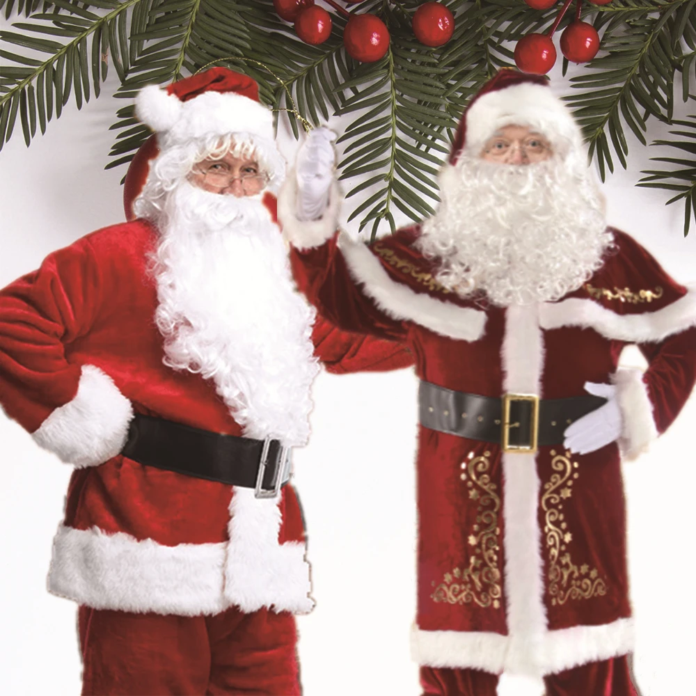 Disfraz de Papá Noel de terciopelo rojo de lujo para hombres, ropa de Navidad de 5 a 10 piezas, trajes de fiesta familiar de Año Nuevo, disfraces de Cosplay de Nochebuena